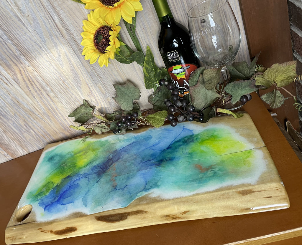 Charcuterie Serving Board Cheese Board Poplar with Blue, Yellow, Green Alcohol Ink Design With Clear Epoxy Resin