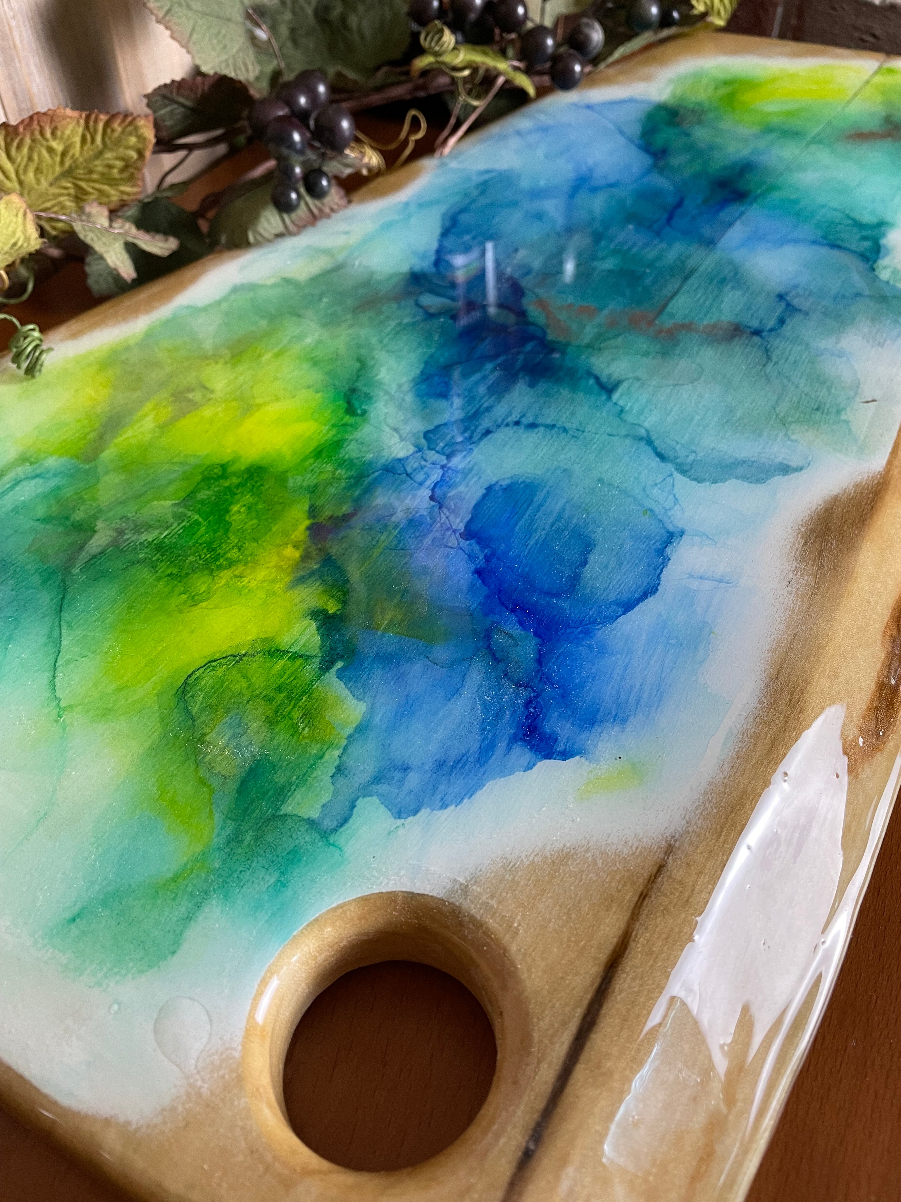Charcuterie Serving Board Cheese Board Poplar with Blue, Yellow, Green Alcohol Ink Design With Clear Epoxy Resin