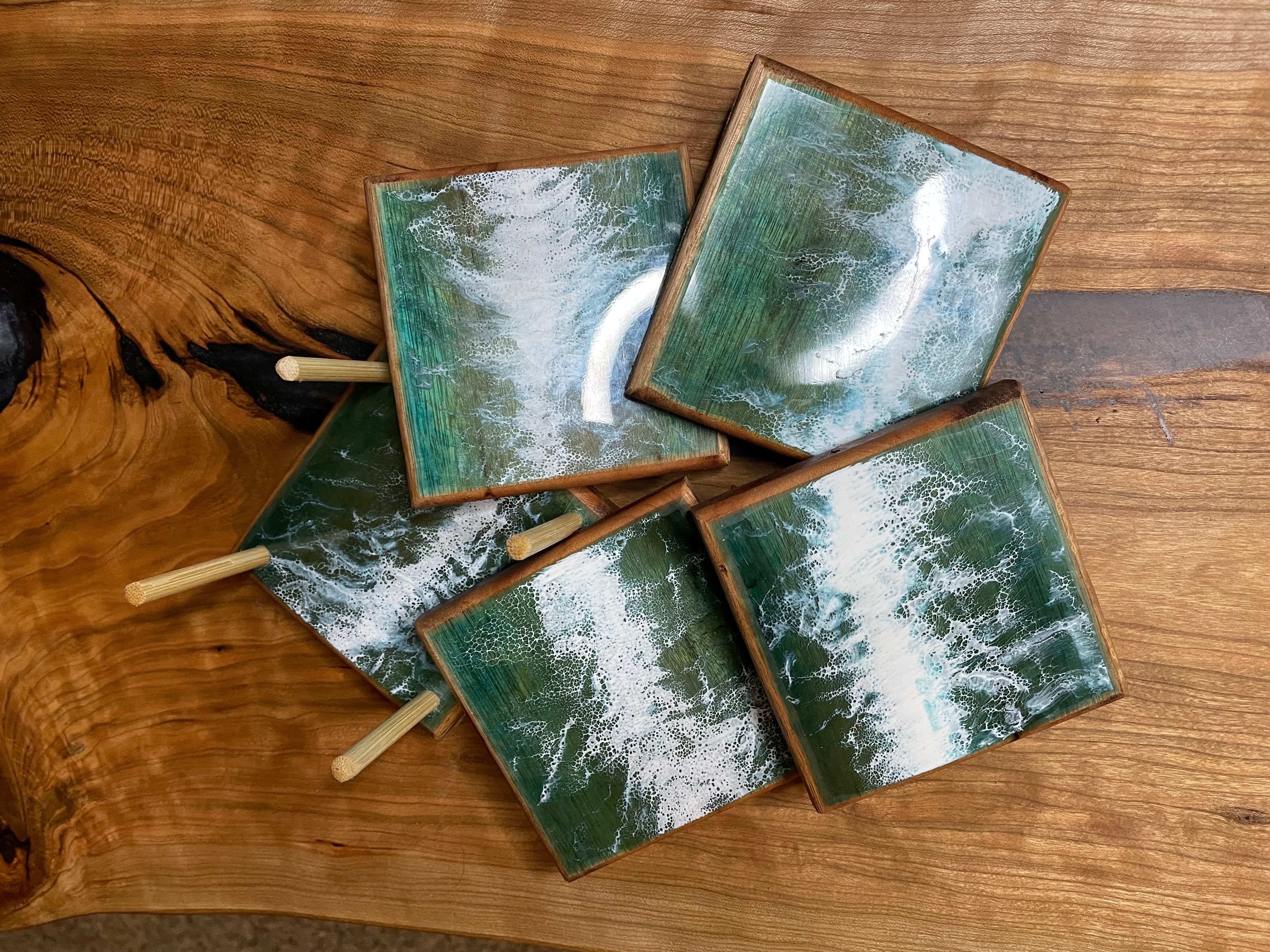 Coaster Set with Epoxy Accent and holder