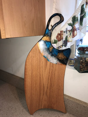 Charcuterie Serving Board Cheese Board Oak with Blue Copper White Epoxy Resin Handle