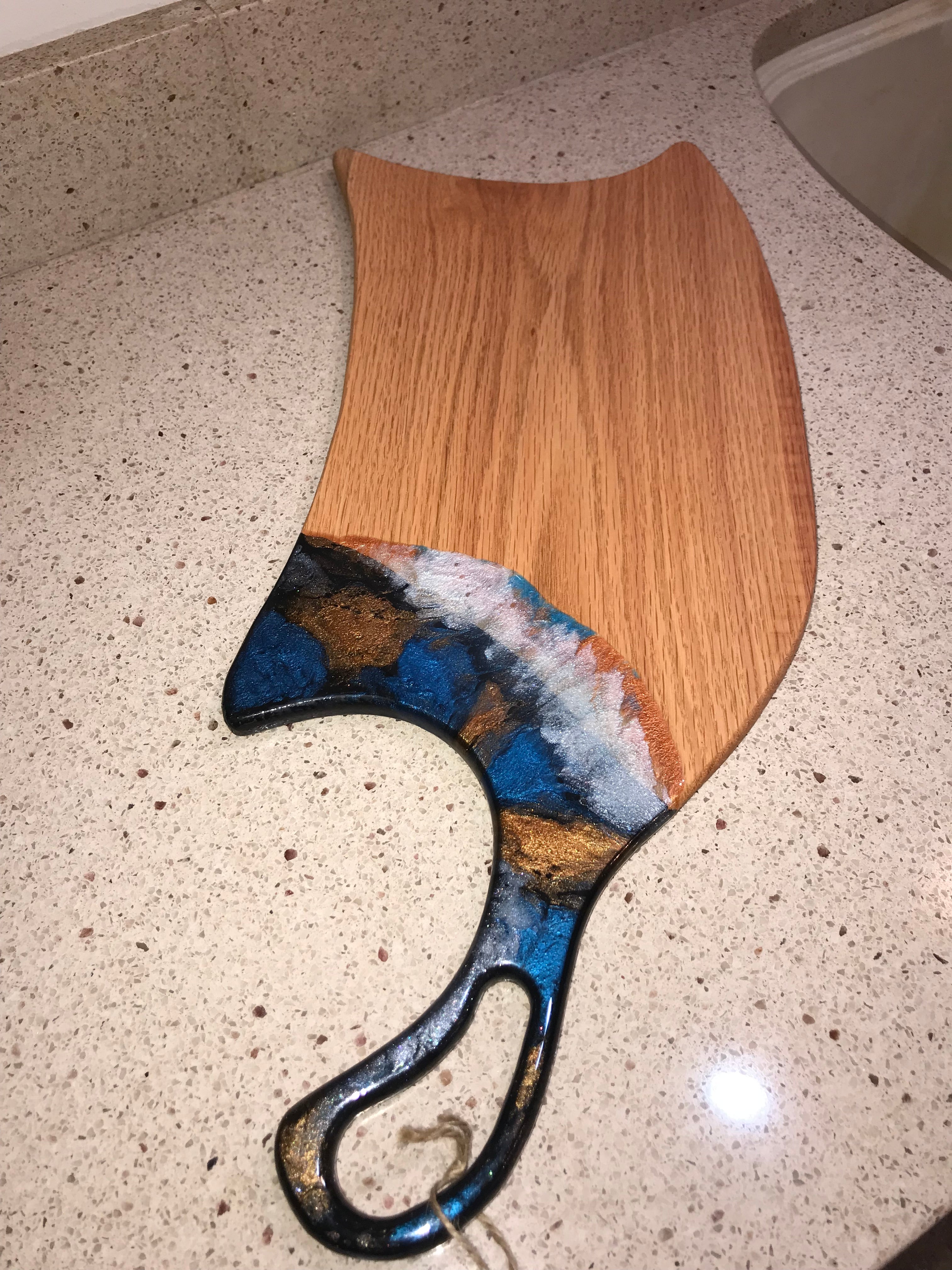 Charcuterie Serving Board Cheese Board Oak with Blue Copper White Epoxy Resin Handle
