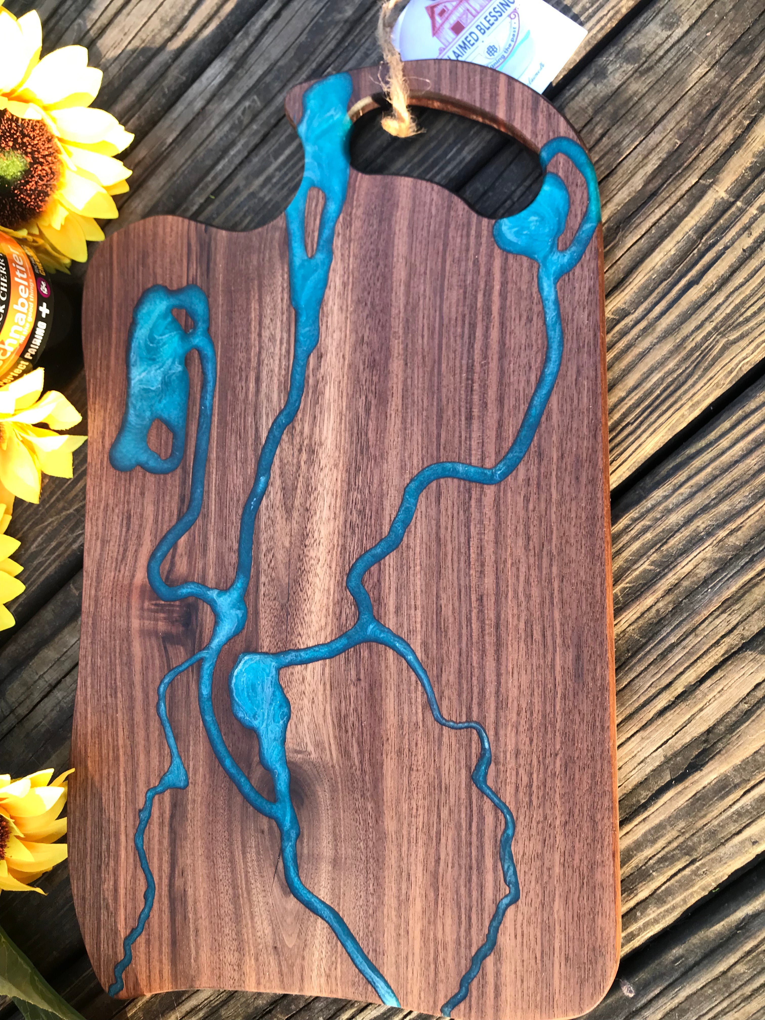 Charcuterie Serving Board Cheese Board Walnut with Blue Epoxy Resin River
