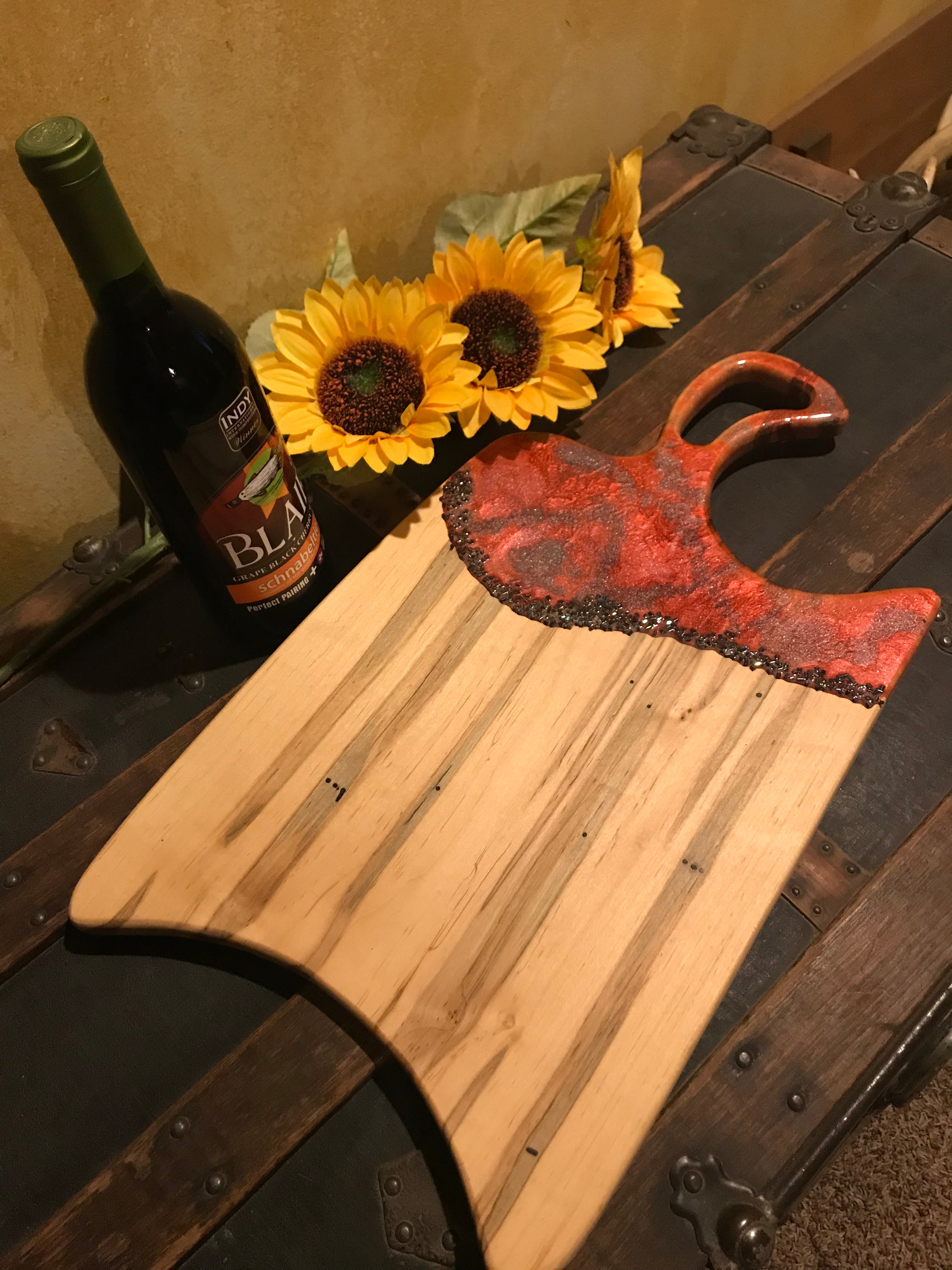 Charcuterie Serving Board Cheese Board Maple with Pink, Red, and Gray Epoxy Resin Handle with Beaded Accents