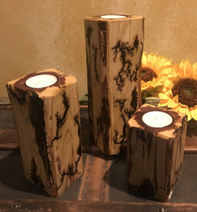 Rustic Natural Cedar Log Squared Candle Holder Set Fractural Burning
