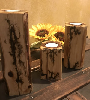 Rustic Natural Cedar Log Squared Candle Holder Set Fractural Burning