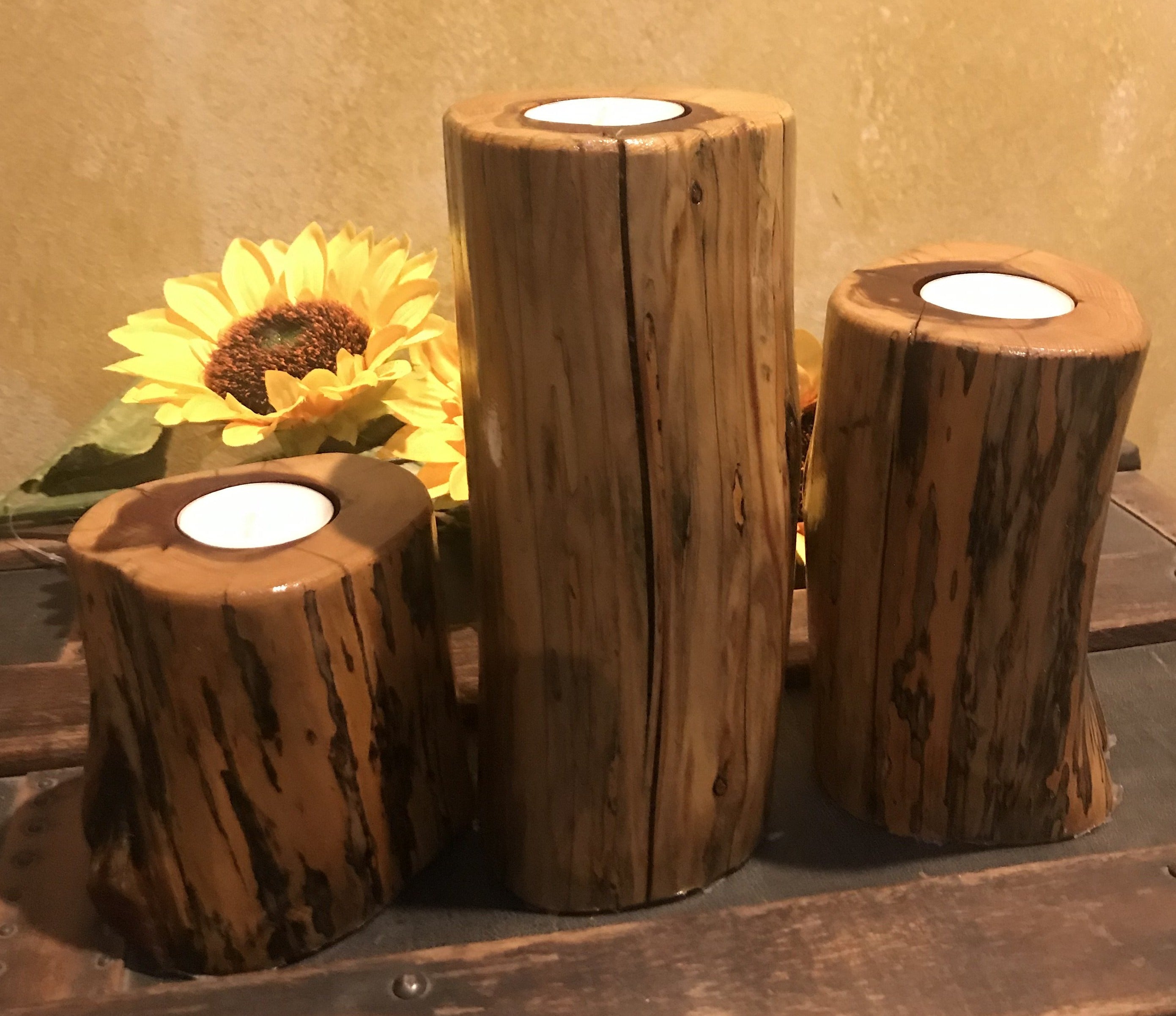 Rustic Natural Cedar Log Candle Holder Set