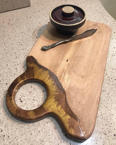 Charcuterie Serving Board Cheese Board Oak with Copper Brown Epoxy Resin Large Hole Handle