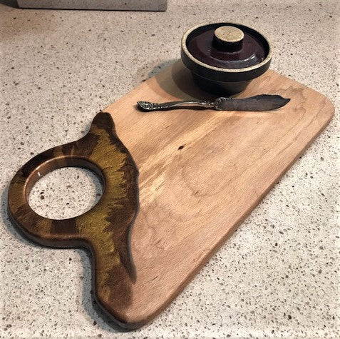 Charcuterie Serving Board Cheese Board Oak with Copper Brown Epoxy Resin Large Hole Handle