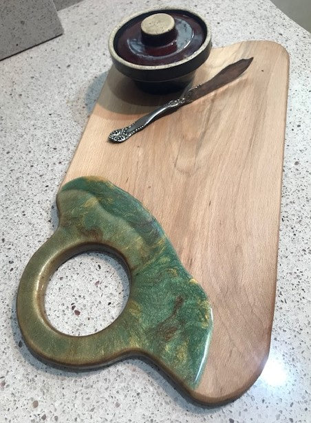 Charcuterie Serving Board Cheese Board Oak with Green Copper Brown Epoxy Resin Large Hole Handle