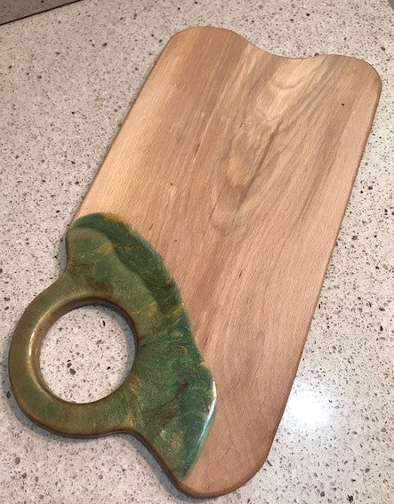 Charcuterie Serving Board Cheese Board Oak with Green Copper Brown Epoxy Resin Large Hole Handle