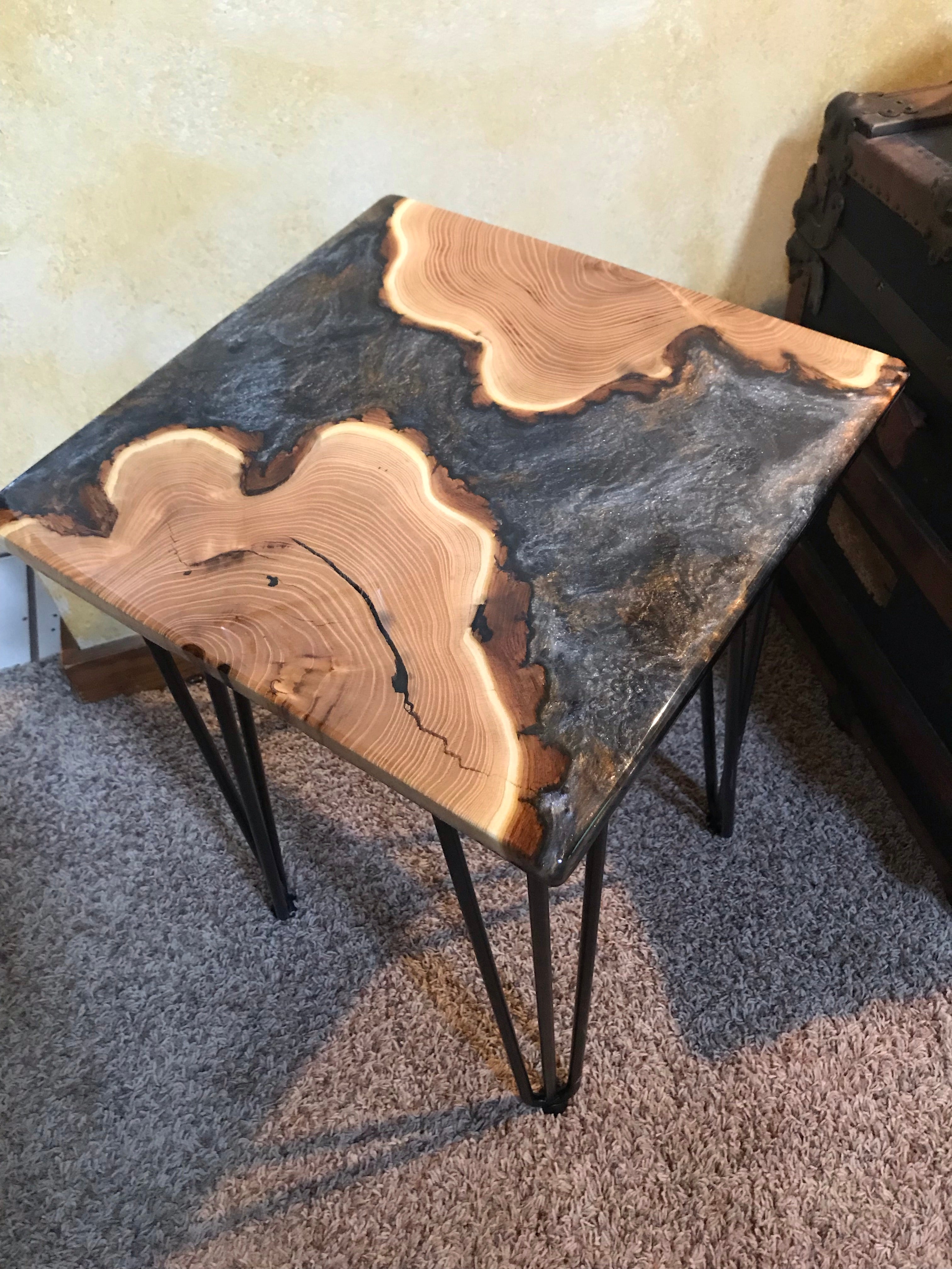 River Side Table Locust Black, Gold, & Silver Epoxy with Hairpi