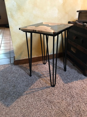 River Side Table Locust Black, Gold, & Silver Epoxy with Hairpin Metal Legs