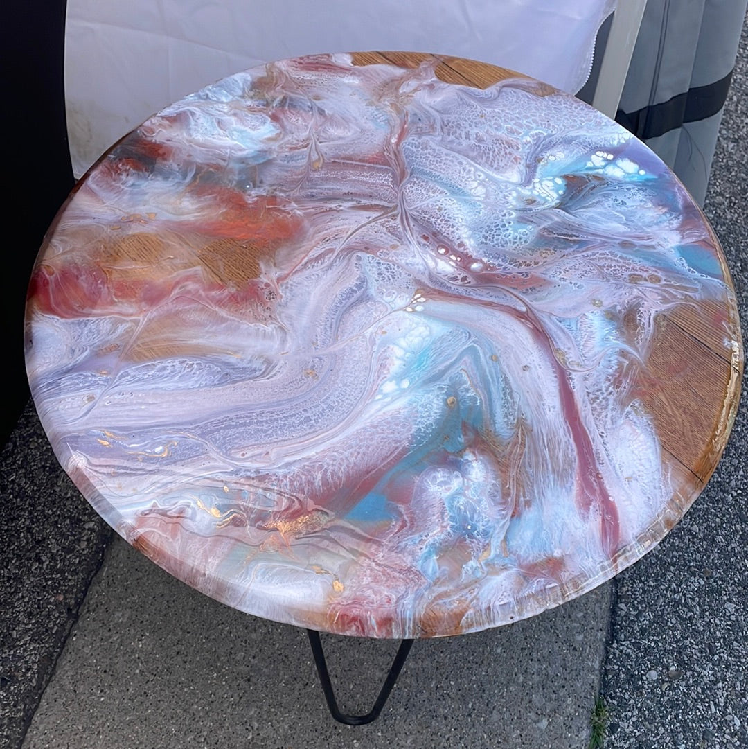 Round Whiskey Barrel Top Side Table with Coral, Teal & White Epoxy with Hairpin Metal Legs