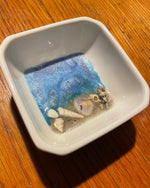 Square Porcelain Trinket Ring Dish With Sand, Shells, and Epoxy Decoration